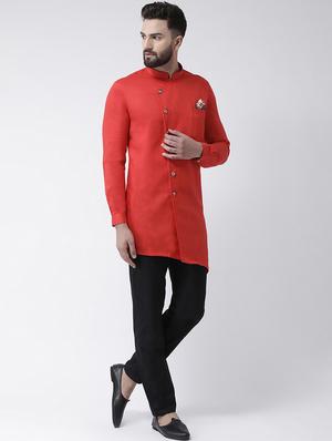 red solid asymmetric kurta pyjama set - 16603656 - Standard Image - 2