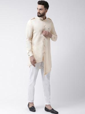 beige solid asymmetric kurta pyjama set - 16603660 - Standard Image - 2