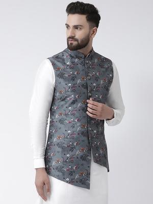 grey floral printed nehru jacket - 16603689 - Standard Image - 2