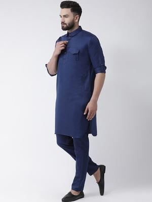 navy blue solid pathani kurta - 16603712 - Standard Image - 2