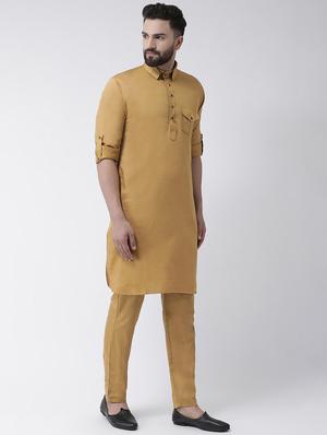 beige solid pathani kurta - 16603715 - Standard Image - 2