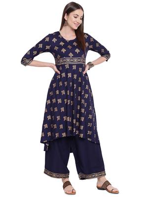 block printed high-low kurta with palazzo set - 16603744 - Standard Image - 2