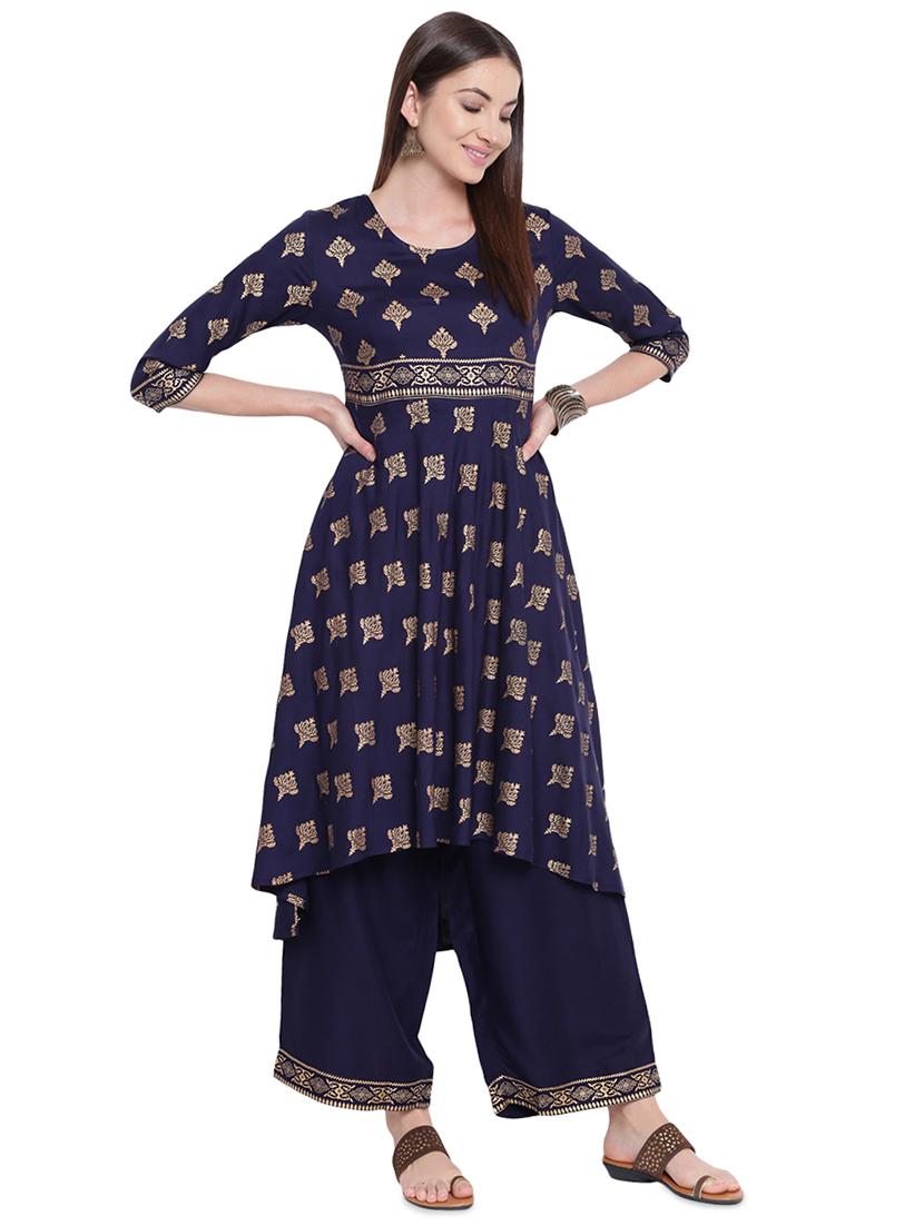 block printed high-low kurta with palazzo set - 16603744 - Zoom Image - 2
