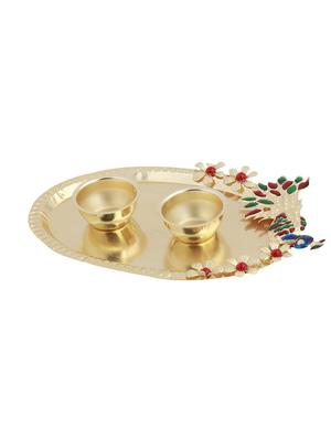gold plated designer-ethanic peacock design kankavati pooja thali - 16603923 - Standard Image - 2