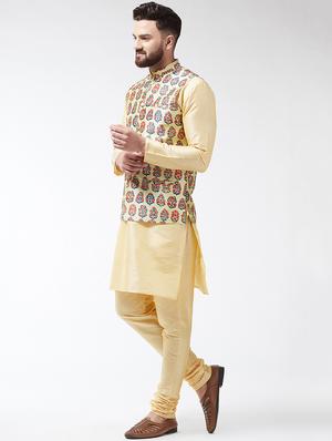 gold solid kurta pyjama set with nehru jacket - 16604058 - Standard Image - 2