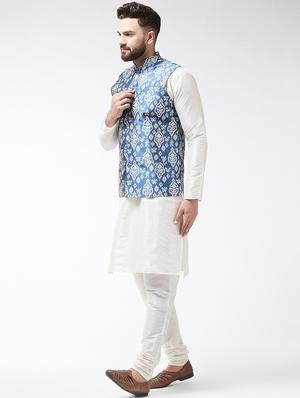 white silk blend kurta pyjama set with blue printed nehru jacket - 16604081 - Standard Image - 2