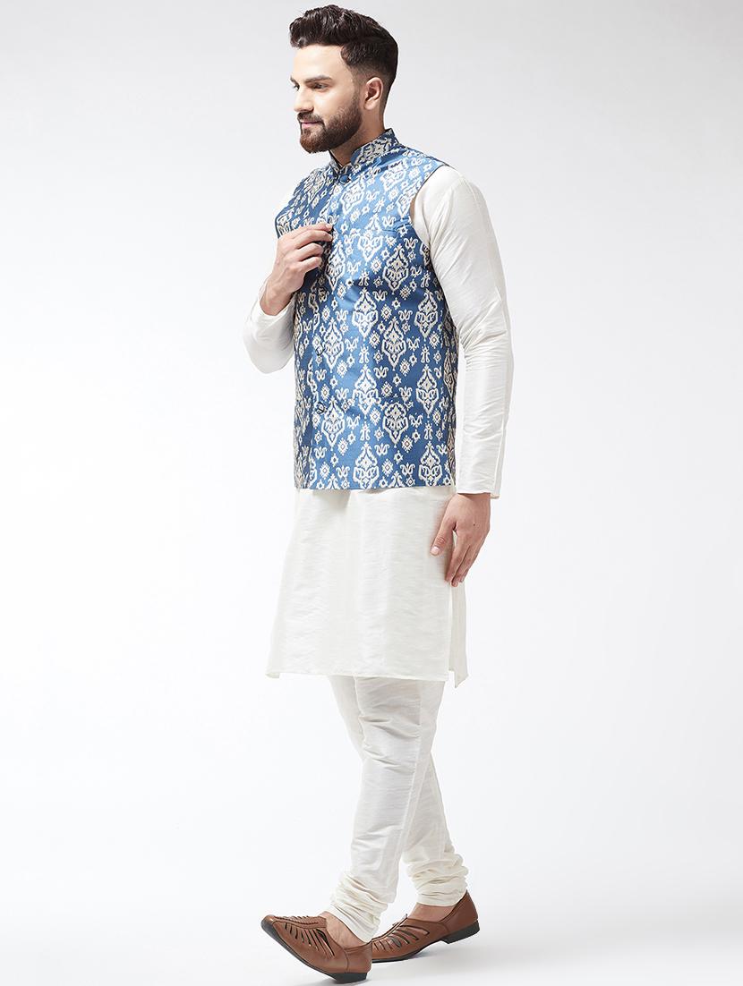 white silk blend kurta pyjama set with blue printed nehru jacket - 16604081 - Zoom Image - 2