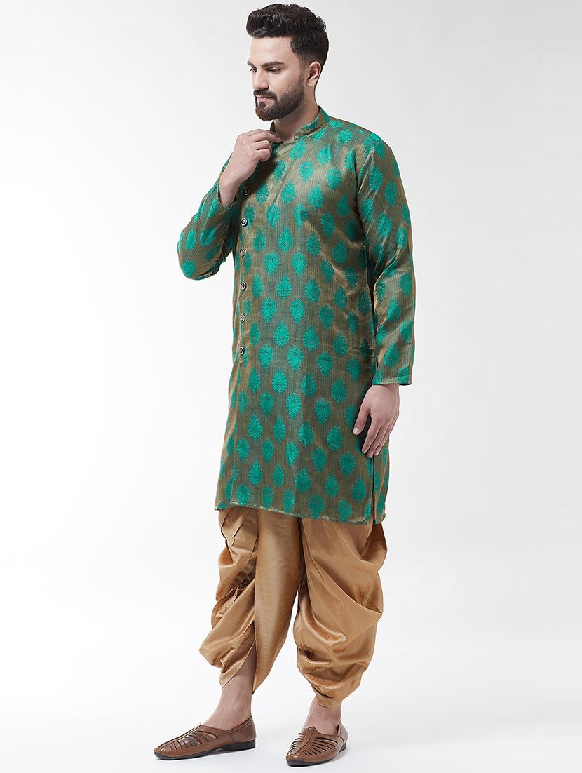 green silk blend jacquard dhoti kurta set - 16604113 - Zoom Image - 2
