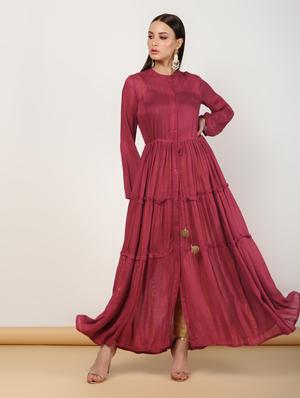burgundy tiered kurta with bell sleeves - 16612146 - Standard Image - 2