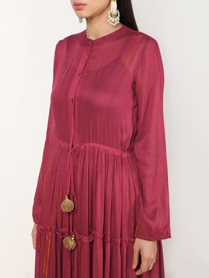 burgundy tiered kurta with bell sleeves - 16612146 - Standard Image - 5