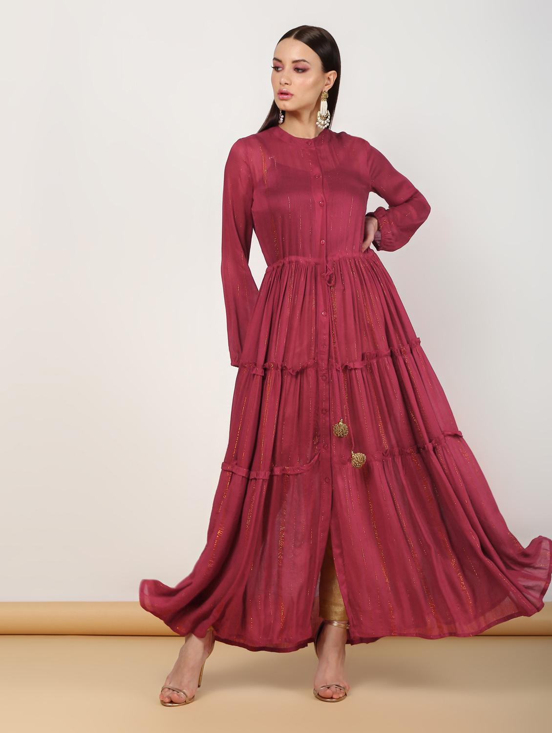 burgundy tiered kurta with bell sleeves - 16612146 - Zoom Image - 2