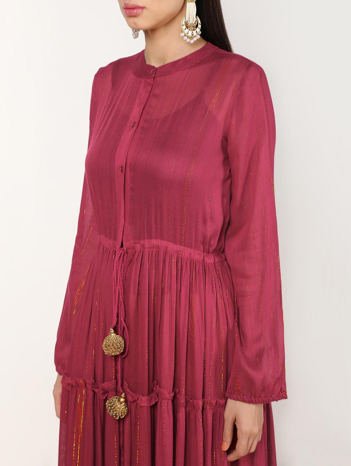 burgundy tiered kurta with bell sleeves - 16612146 - Zoom Image - 5