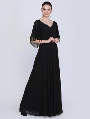 fringe hem bell sleeved maxi gown - 16613825 - Standard Image - 2