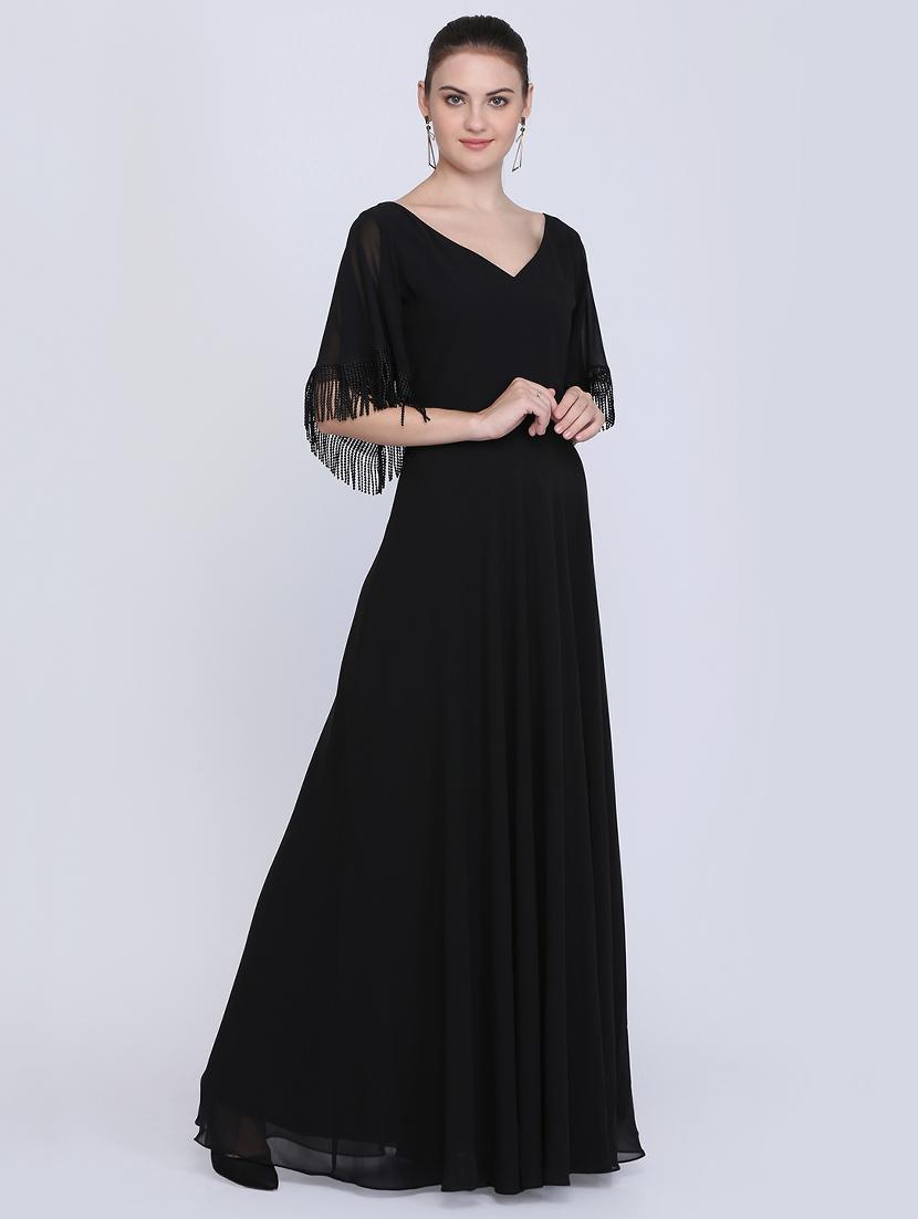 fringe hem bell sleeved maxi gown - 16613825 - Zoom Image - 2
