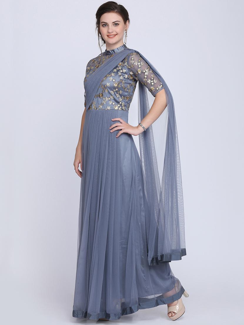 tonal embroidered net fit & flare gown - 16613845 - Zoom Image - 2