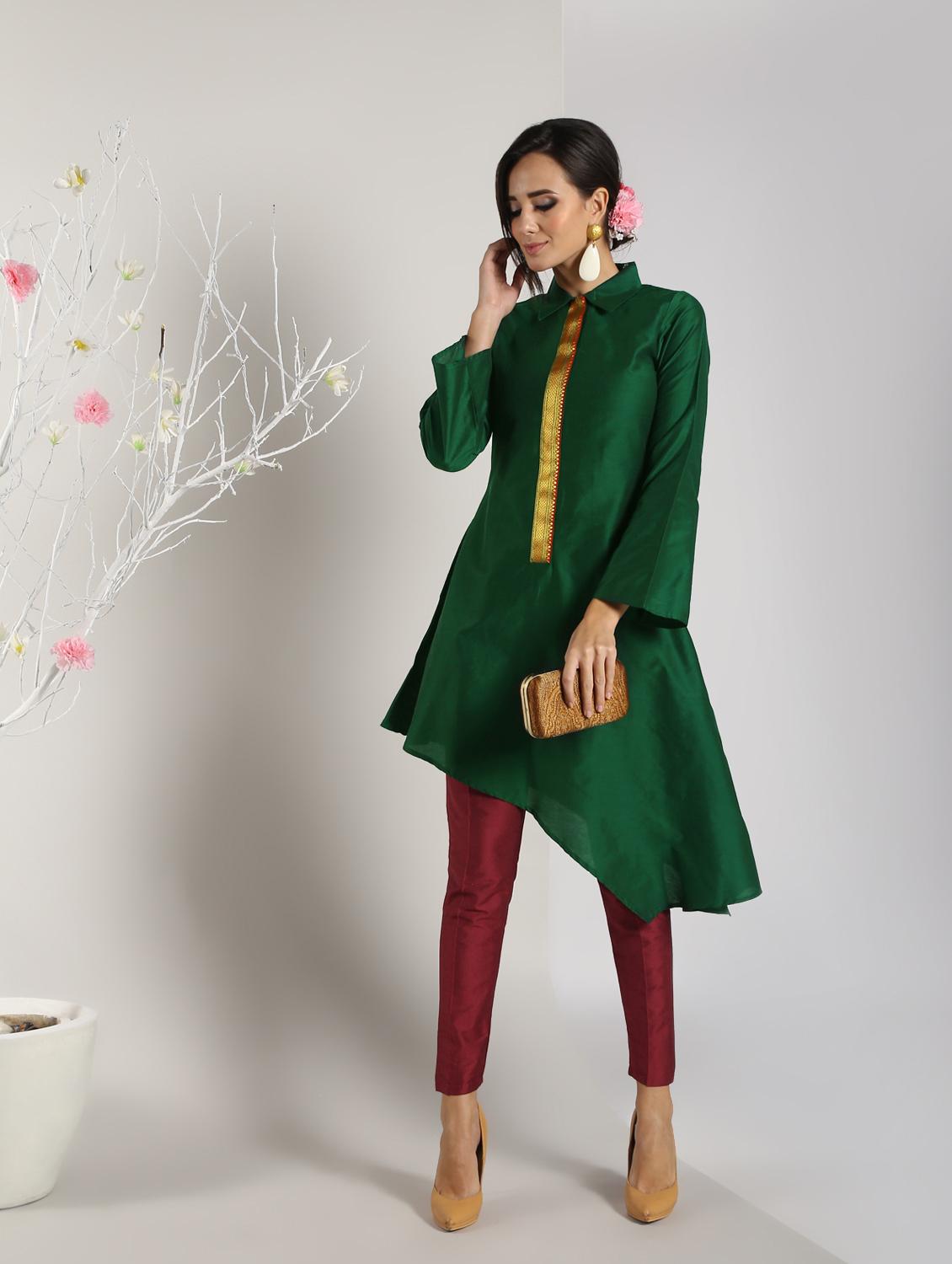 asymmetric solid kurta with pant set - 16619455 - Zoom Image - 2