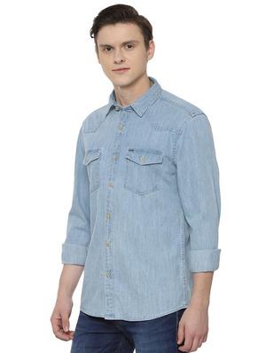 blue solid denim casual shirt - 16632637 - Standard Image - 2