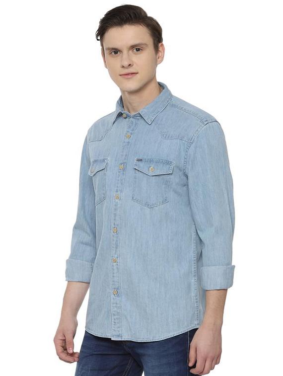 blue solid denim casual shirt - 16632637 - Zoom Image - 2