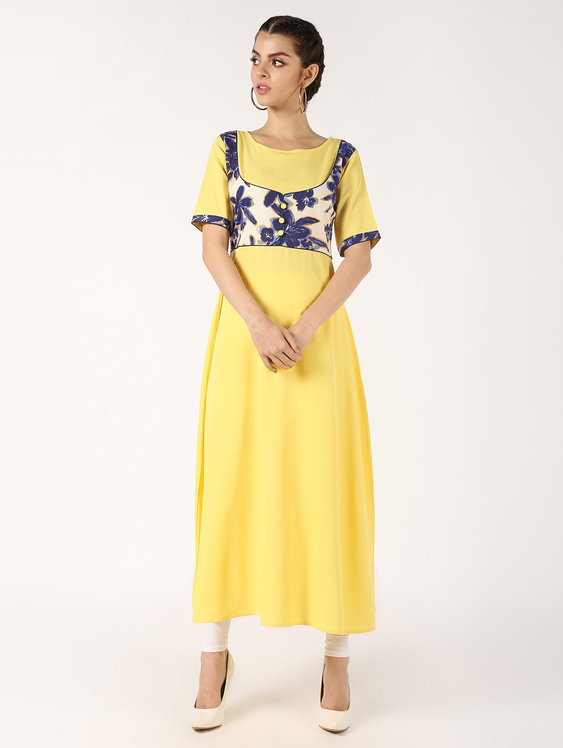solid yoke print flared kurta - 16632740 - Zoom Image - 2