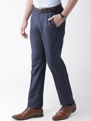 navy blue textured flat front formal trouser - 16633137 - Standard Image - 2