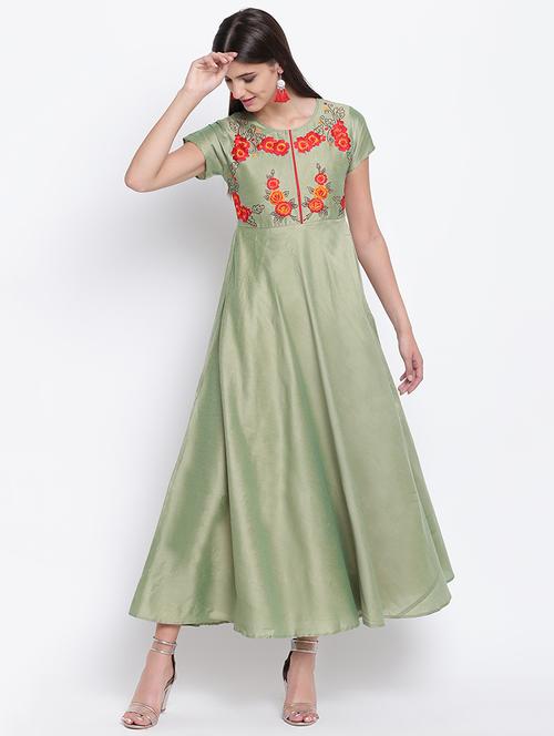 floral embroidered silk fit & flare ethnic dress - 16637168 - Standard Image - 1