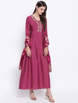 zari work silk fit & flare ethnic dress with dupatta - 16637172 - Standard Image - 2