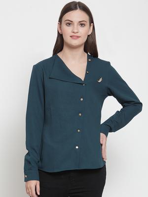 styled neck button up solid top - 16638111 - Standard Image - 2