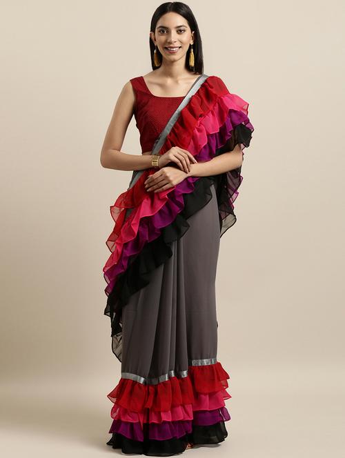layered ruffled plain saree with blouse - 16640344 - Standard Image - 1