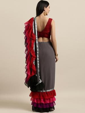 layered ruffled plain saree with blouse - 16640344 - Standard Image - 2
