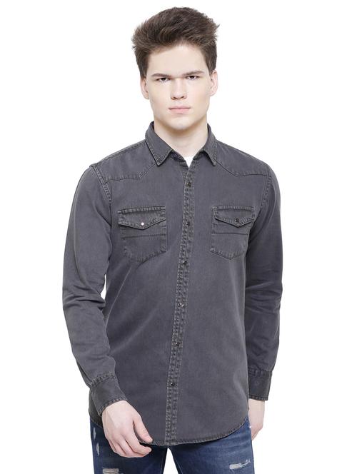 grey solid denim casual shirt - 16641389 - Standard Image - 1