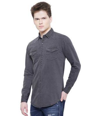 grey solid denim casual shirt - 16641389 - Standard Image - 2