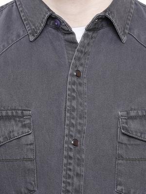 grey solid denim casual shirt - 16641389 - Standard Image - 5