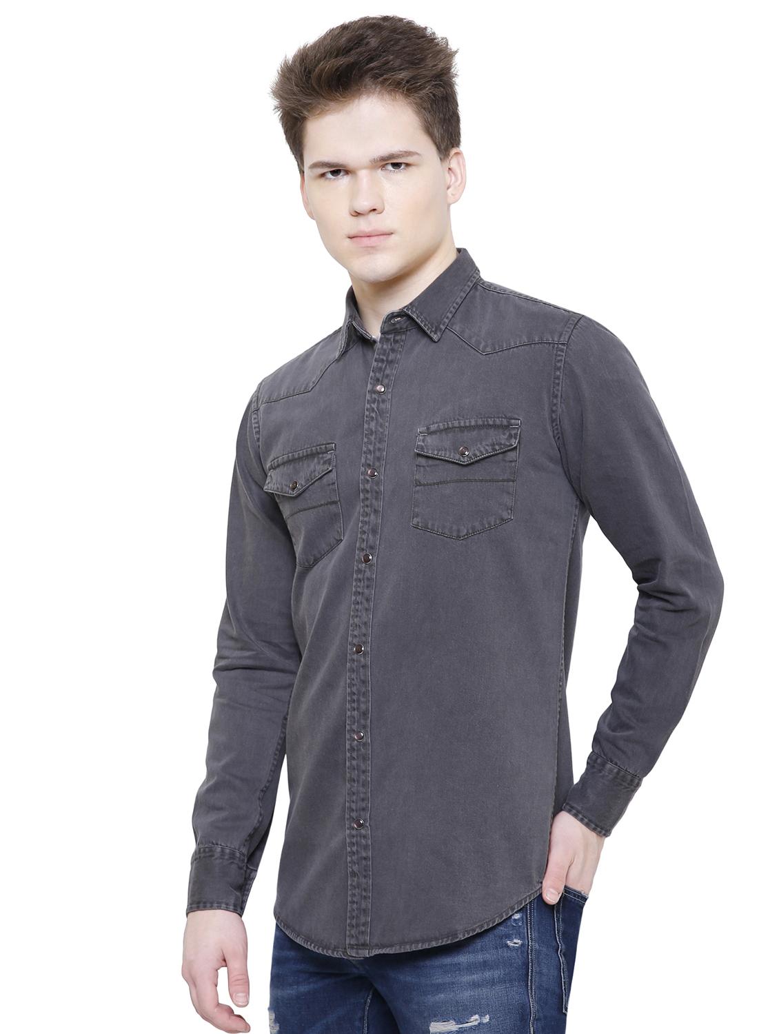 grey solid denim casual shirt - 16641389 - Zoom Image - 2