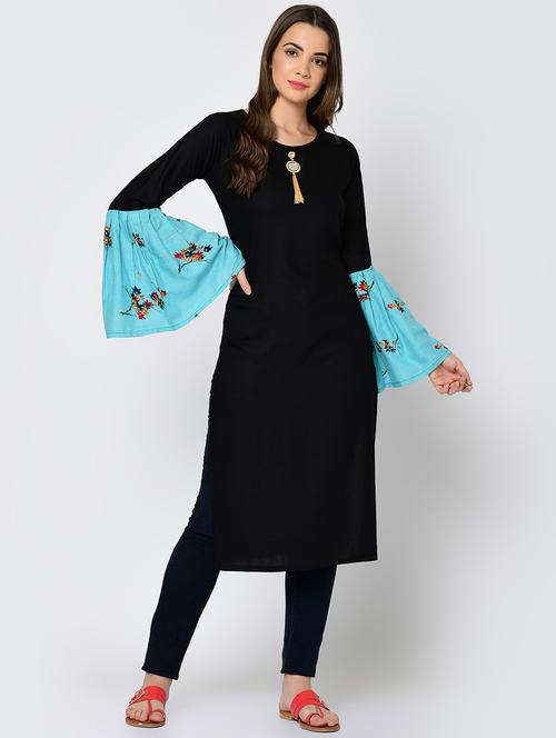 bell sleeve solid contrast kurta - 16641594 - Standard Image - 1