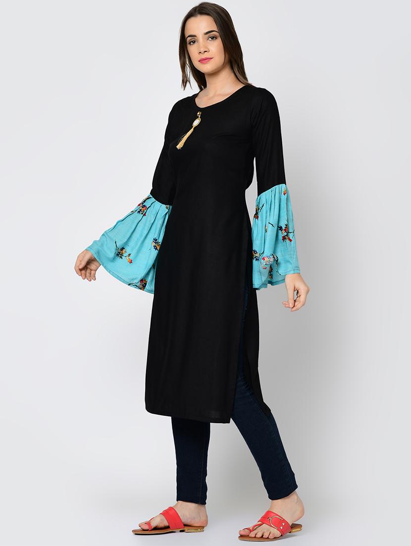 bell sleeve solid contrast kurta - 16641594 - Zoom Image - 2