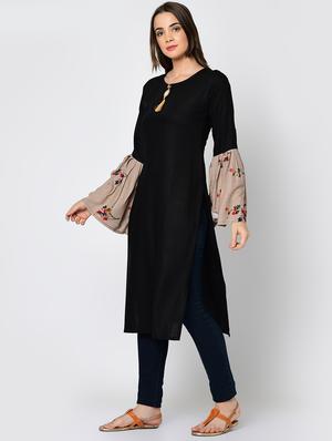 bell sleeve solid contrast kurta - 16641596 - Standard Image - 2