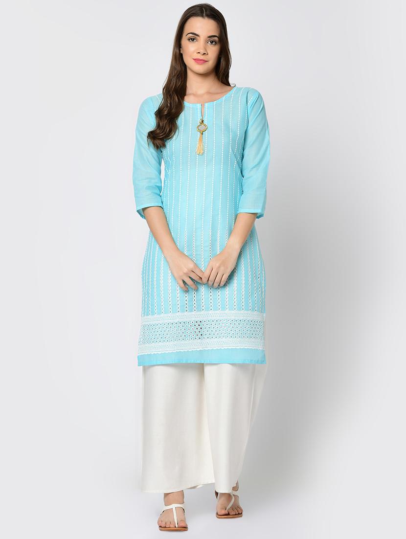 schiffli straight kurta - 16641598 - Zoom Image - 2