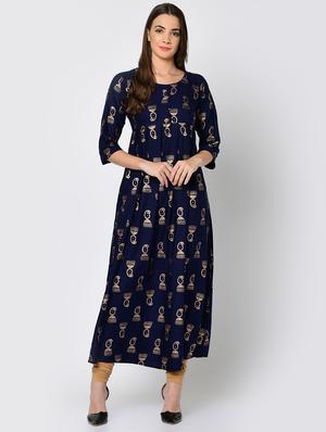 foil print a-line pleated kurta - 16641610 - Standard Image - 2