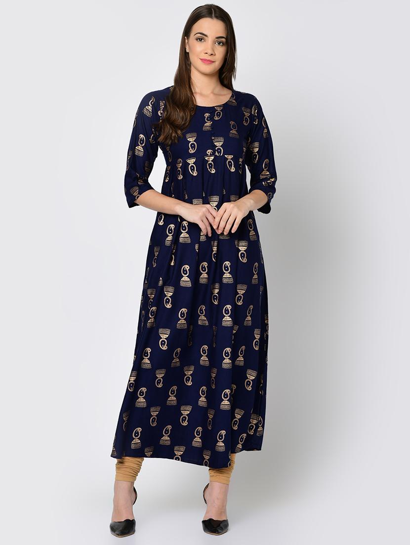foil print a-line pleated kurta - 16641610 - Zoom Image - 2