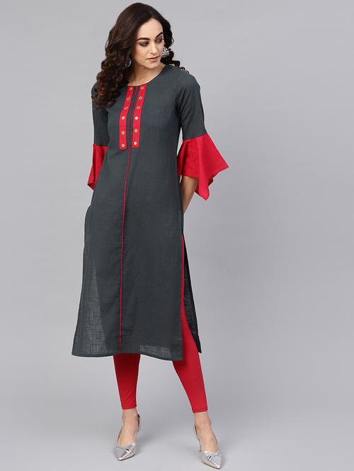 contrast bell sleeved straight kurta - 16641618 - Standard Image - 1