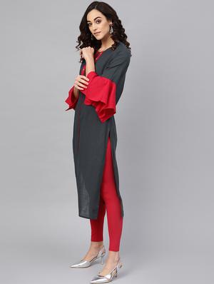 contrast bell sleeved straight kurta - 16641618 - Standard Image - 2