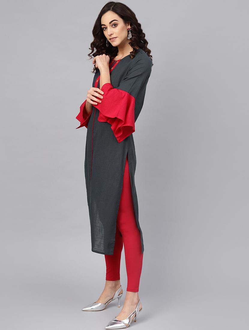 contrast bell sleeved straight kurta - 16641618 - Zoom Image - 2