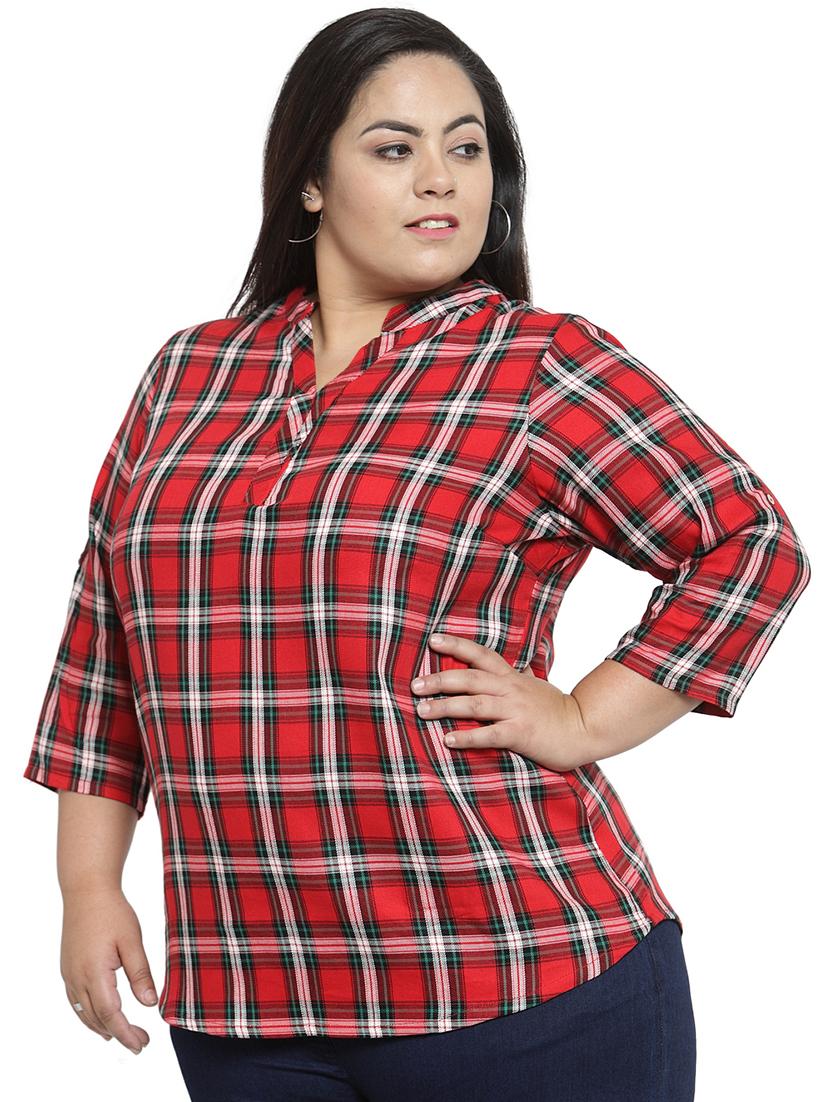 mandarin neck checkered plus top - 16642836 - Zoom Image - 2