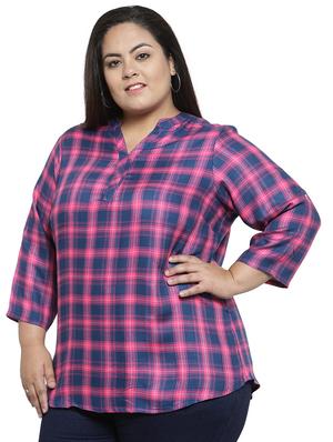 mandarin neck checkered plus top - 16642838 - Standard Image - 2