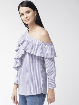 single shoulder ruffle detail striped top - 16642893 - Standard Image - 2