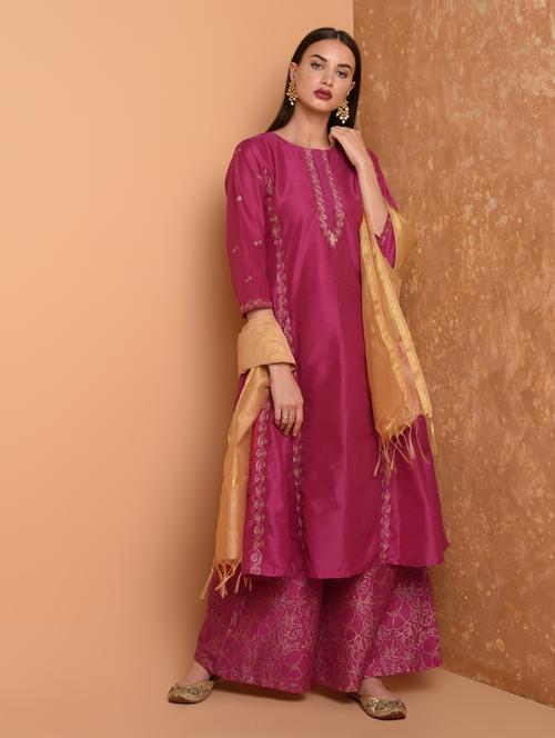 gold printed kurta skirt with dupatta set - 16645780 - Standard Image - 1