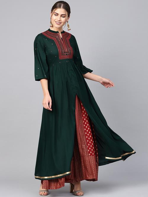 yoke embroidered high slit kurta - 16649940 - Standard Image - 1