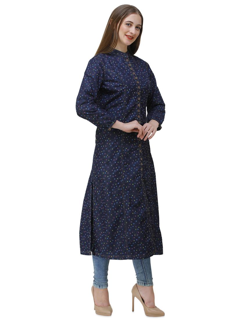 polka dots denim straight kurta - 16650770 - Zoom Image - 2