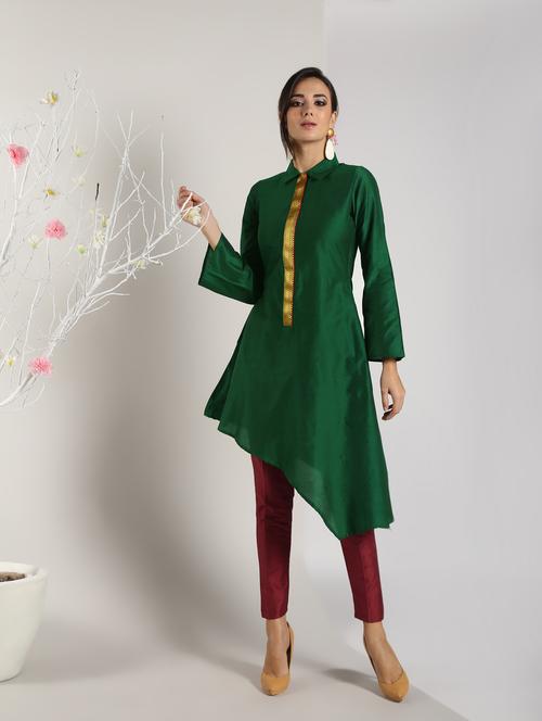bottle green silk asymmetric kurta - 16651270 - Standard Image - 1