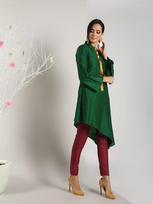 bottle green silk asymmetric kurta - 16651270 - Standard Image - 2